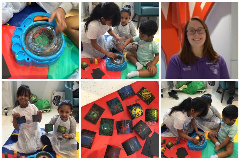 Saad and his sisters, Suhad and Huda taking part in an art activity on Hedgehog Ward